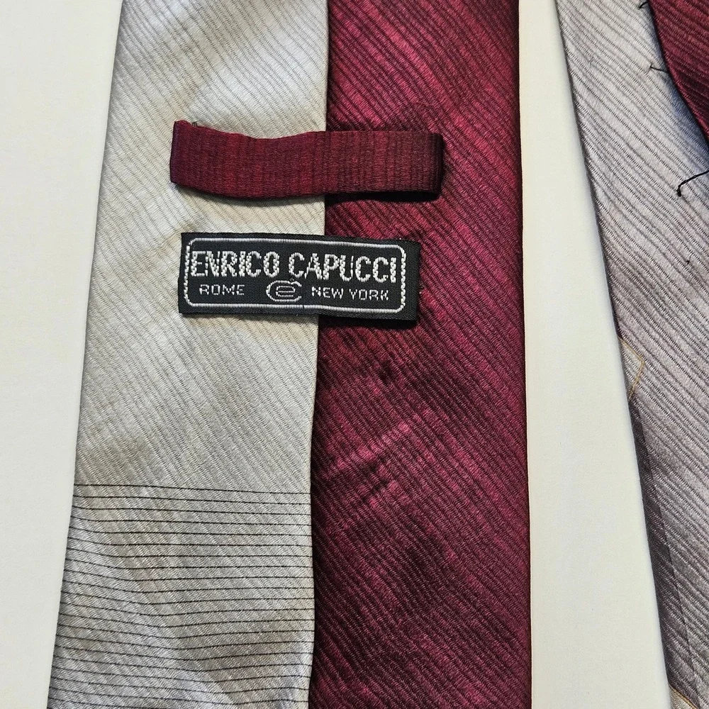 Enrico Capucci Mens Silk Tie‎ Burgundy Silver Geometric Diamond XL Hand Made